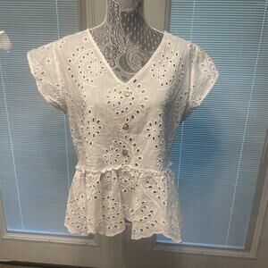 NWT Liv Los Angeles White Eyelet Blouse Top Ruffle Babydoll Cotton L